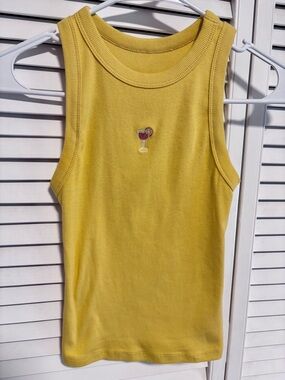 a new day Yellow Ribbed Tank Top with embroidered Wine Glass Patch
